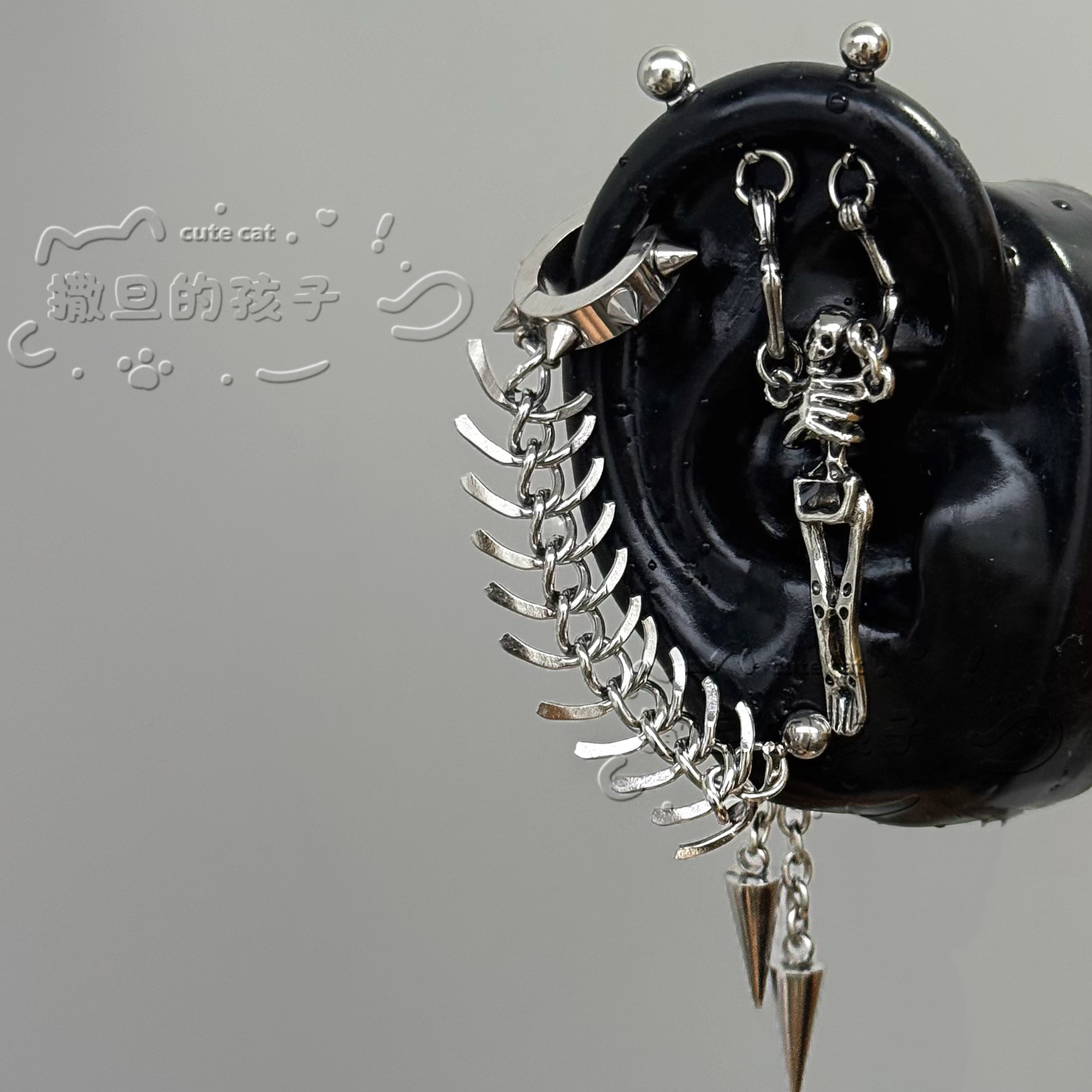 Satan's Child Gothic Skull Chain Bone Piercing Earring Titanium Steel Earring Dark Cyberpunk Style - Image 2
