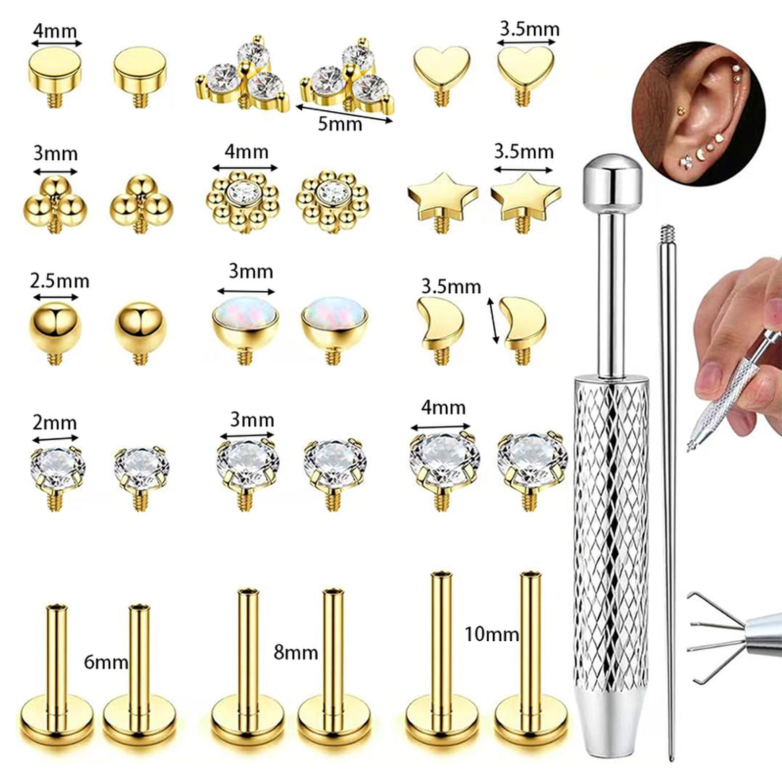 Stainless Steel Nose and Lip Piercing Multi-Piece Set with Replaceable Internal Thread Ends - Image 2