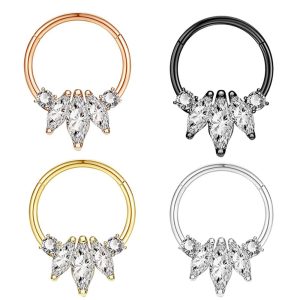 Stainless Steel Closed Ring Human Piercing Cartilage Jewelry Nose Ring Three Flap Flower Micro Zircon Ear Clip Earrings