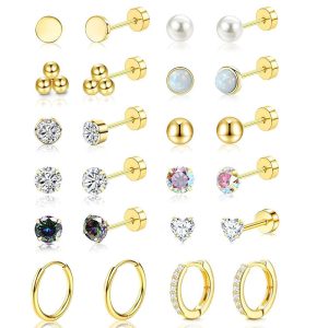 12 Pairs Stainless Steel Casual Zircon Stud Earrings Set Round Earrings for Women Men