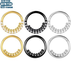 F136 Titanium Alloy Hinge Nose Ring Septum Ring with Inner Welded Beads and Zircon Piercing Jewelry