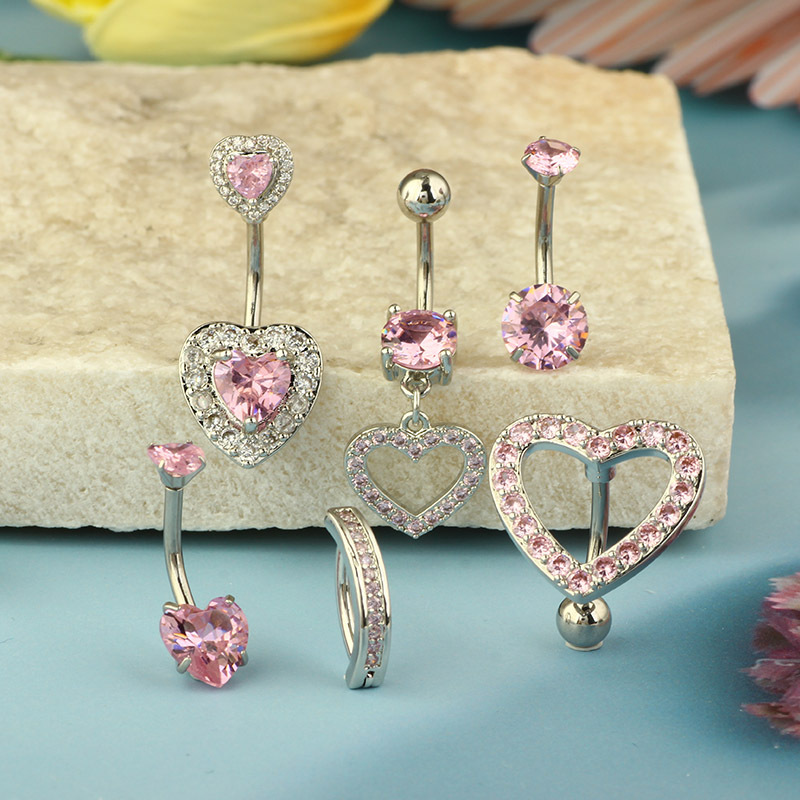 Heart-Shaped Zircon Belly Button Ring 6-Piece Set Stainless Steel Navel Piercing Jewelry - Image 3