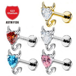 G23 Titanium Little Devil CZ Cartilage Earring Stud - 1.2x10mm Flat Back Earring for Helix Tragus Piercing Jewelry