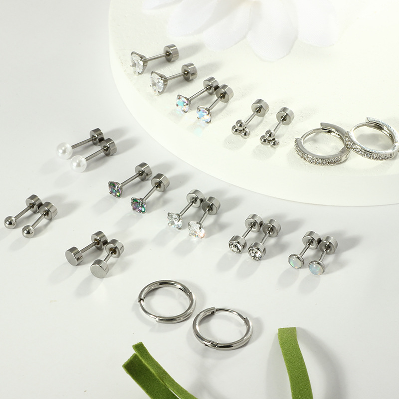 12 Pairs Stainless Steel Casual Zircon Stud Earrings Set Round Earrings for Women Men - Image 4