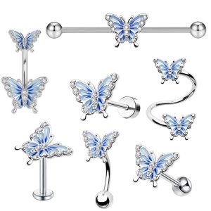 Oil Dripping Butterfly Star Navel Ring Set - 7Pcs Body Piercing Jewelry Stainless Steel