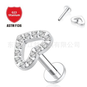 F136 Titanium Heart-Shaped Inlaid Zircon Ear Studs Lip Nails Cross-Border G23 Titanium Alloy Body Piercing Ear Bone Nails