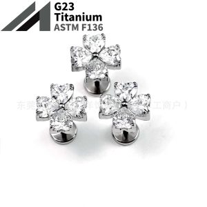 F136 Titanium Four-Leaf Clover Heart-Shaped Zircon Stud Earrings Nose Studs G23 Titanium Alloy Body Piercing Jewelry Ear Bone Studs