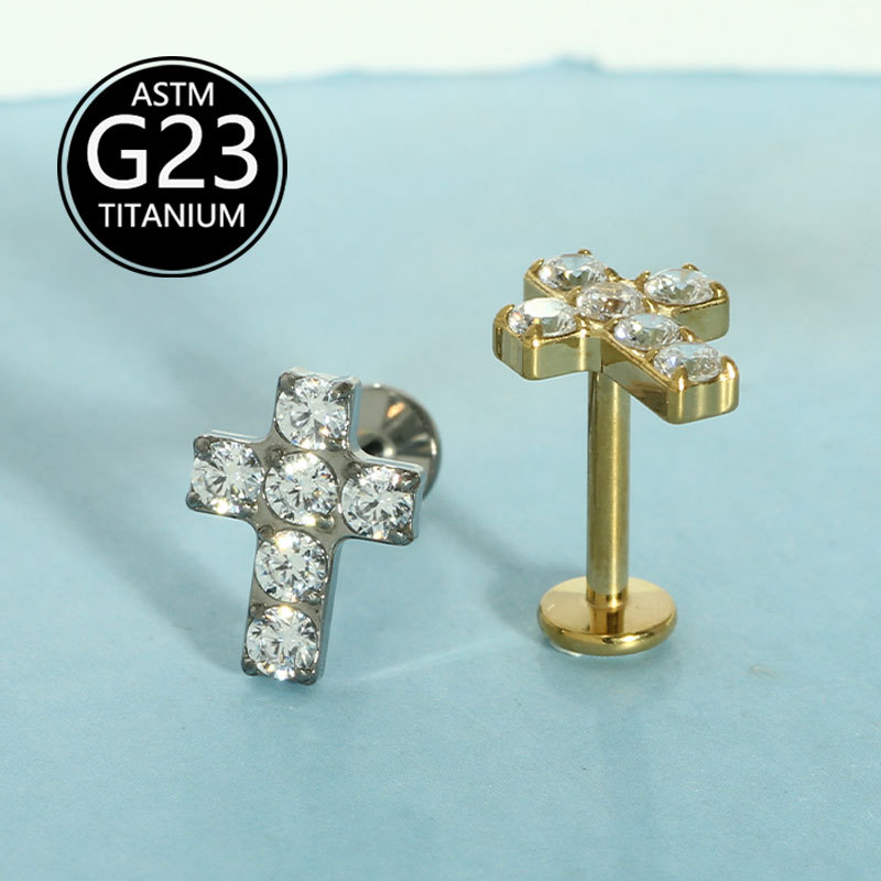 G23 Titanium Cross Stud Earring Lip Labret Nail with 5A Zircon - 1.2mm x 10mm - Image 4