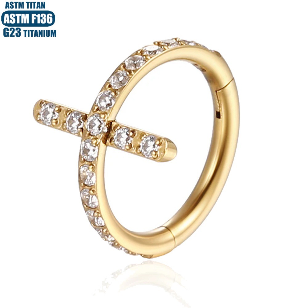 F136 Titanium Nose Ring Seamless Cross Zircon Piercing Jewelry Septum Ring Rose Gold - Image 3