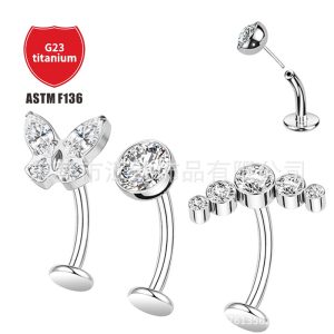 F136 Titanium Navel Ring with Zircon Butterfly CZ Flat Belly Button Piercing Jewelry G23 Titanium Body Piercing