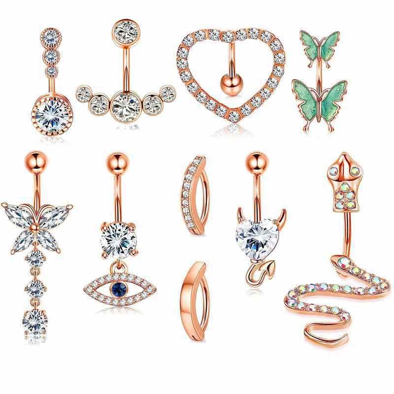 Rose Gold Stainless Steel Inlaid Zircon Belly Button Ring Love Full Diamond Belly Nail Butterfly Piercing Jewelry 10-Piece Set - Image 2