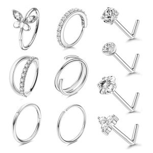 10-Piece Set Stainless Steel Nose Rings with CZ Gems Butterfly Nose Studs Nose Piercing Jewelry Gold Tone