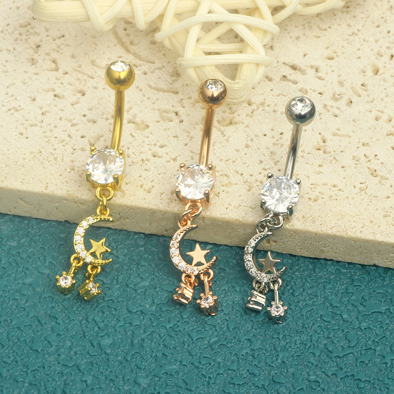 Star Moon CZ Stainless Steel Belly Button Ring Dangle Navel Piercing Jewelry Rose Gold - Image 4