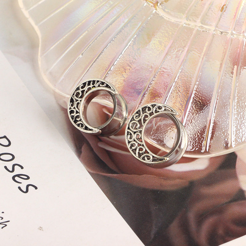 6mm Stainless Steel Hollow Moon Auricle Expander Earrings for Ear Piercing - Image 2