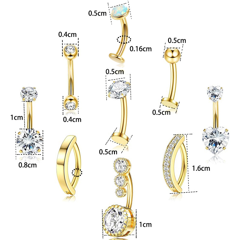 Spot New 9 Piece Set of Navel Rings Fashionable Zircon Encrusted Stainless Steel Belly Button Jewelry - Image 2