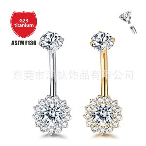 G23 Titanium Belly Button Ring Sunflower Inlaid Stone Cross Piercing Jewelry