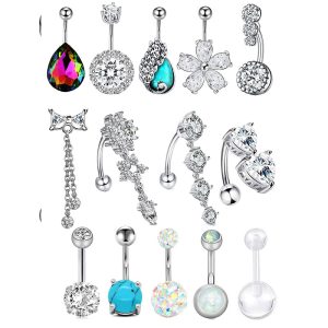 Amazon Wish Exquisite Turquoise Navel Ring 14 Pieces Set with Zircon Belly Button Piercing Jewelry, Stainless Steel