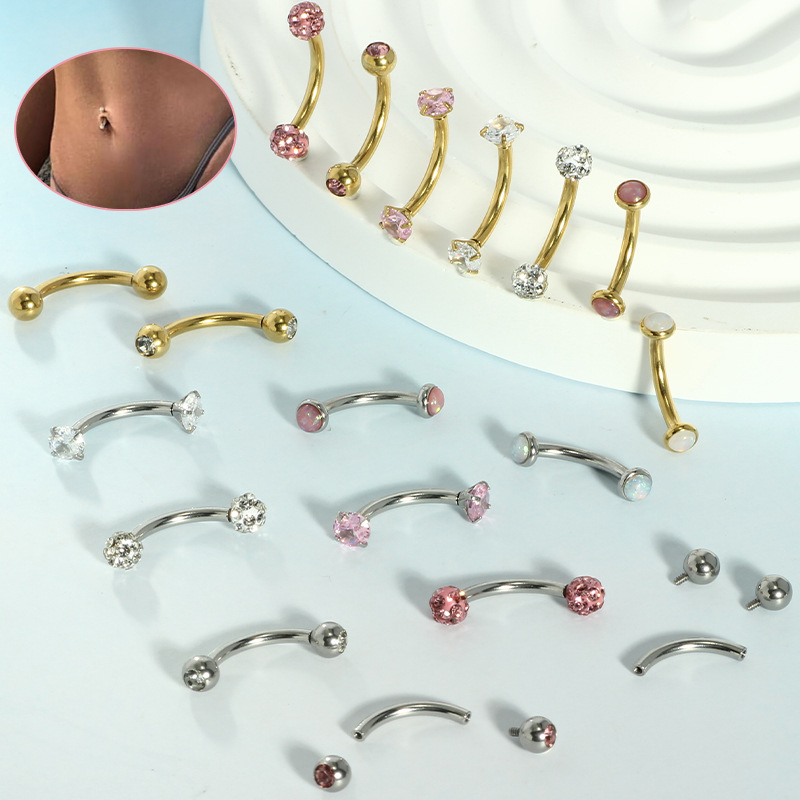 Stainless Steel Curved Barbell Navel Ring 14G Internally Threaded Double-Ended Round Zircon Opal Belly Button Piercing Jewelry - Image 3