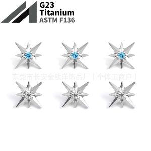F136 Titanium Eight-Pointed Star Zircon Stud Earring for Lip, Nose, and Ear Cartilage - Blue CZ Body Piercing Jewelry