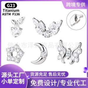 F136 Titanium Alloy Ear Studs, Finely Carved Zircon Ear Bone Studs, G23 Titanium Lip Studs, Body Piercing Jewelry