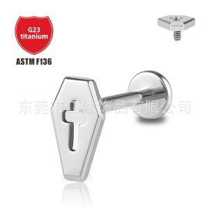 G23 Titanium Cross Ear Stud - ASTM F136 Titanium Alloy Cartilage Piercing Jewelry, Punk Coffin Design, 1.2mm x 12mm