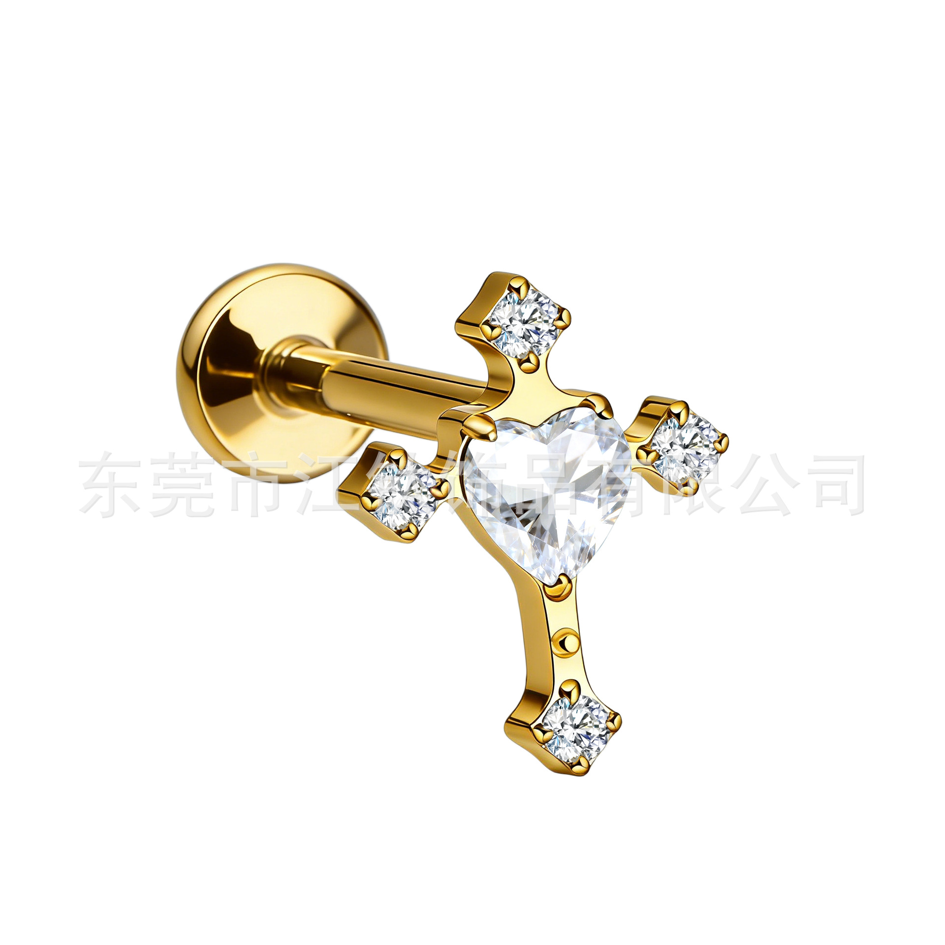 G23 Titanium Alloy Heart Cross Cartilage Ear Stud - Gold with White Zircon - Image 5
