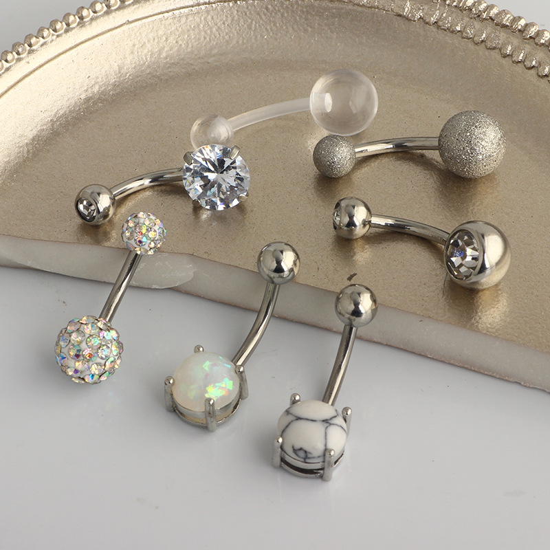 Rose Gold Opal Navel Ring Set - CZ Diamond Belly Button Piercing Jewelry - Image 4