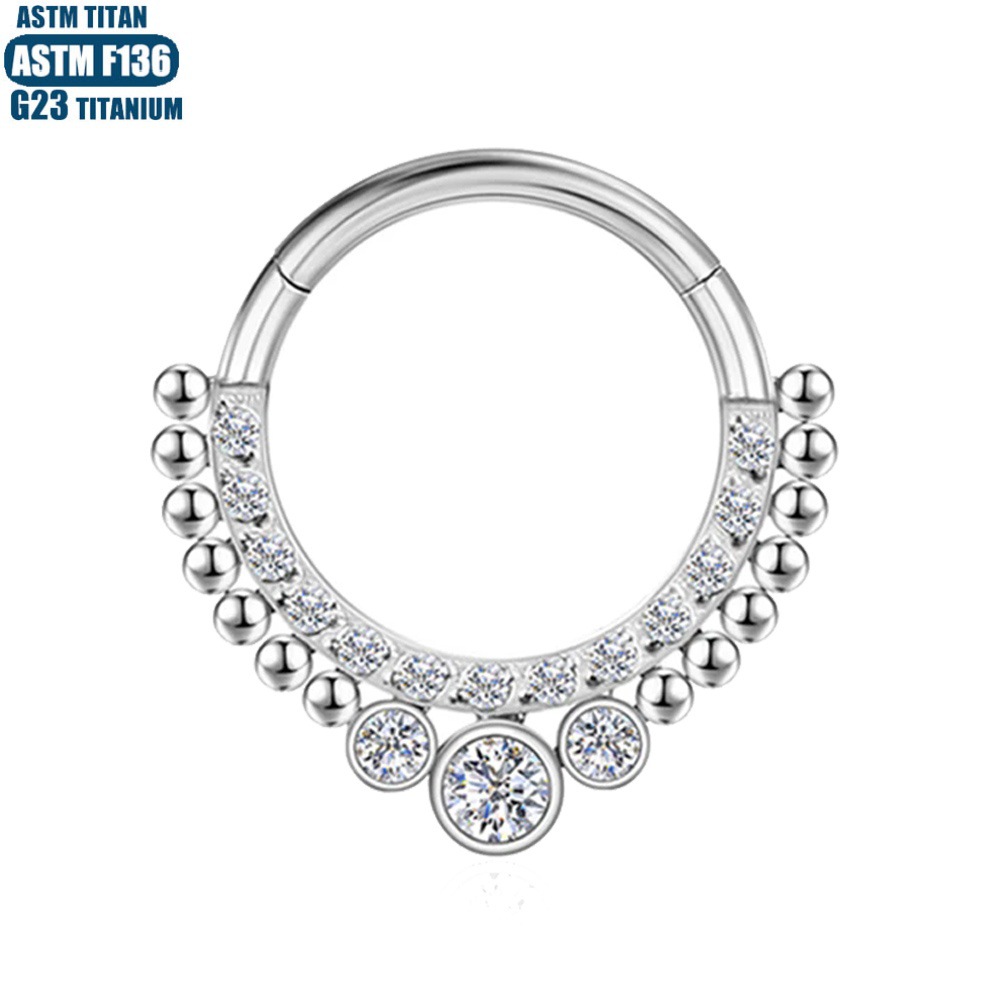 Titanium CZ Cluster Hinge Seamless Ring Nose Septum Earring 1.2x12mm Silver - Image 2
