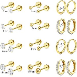 2-5mm Star Stud Earrings Set Stainless Steel Piercing Jewelry Gold Tone Cartilage Hoop for Women
