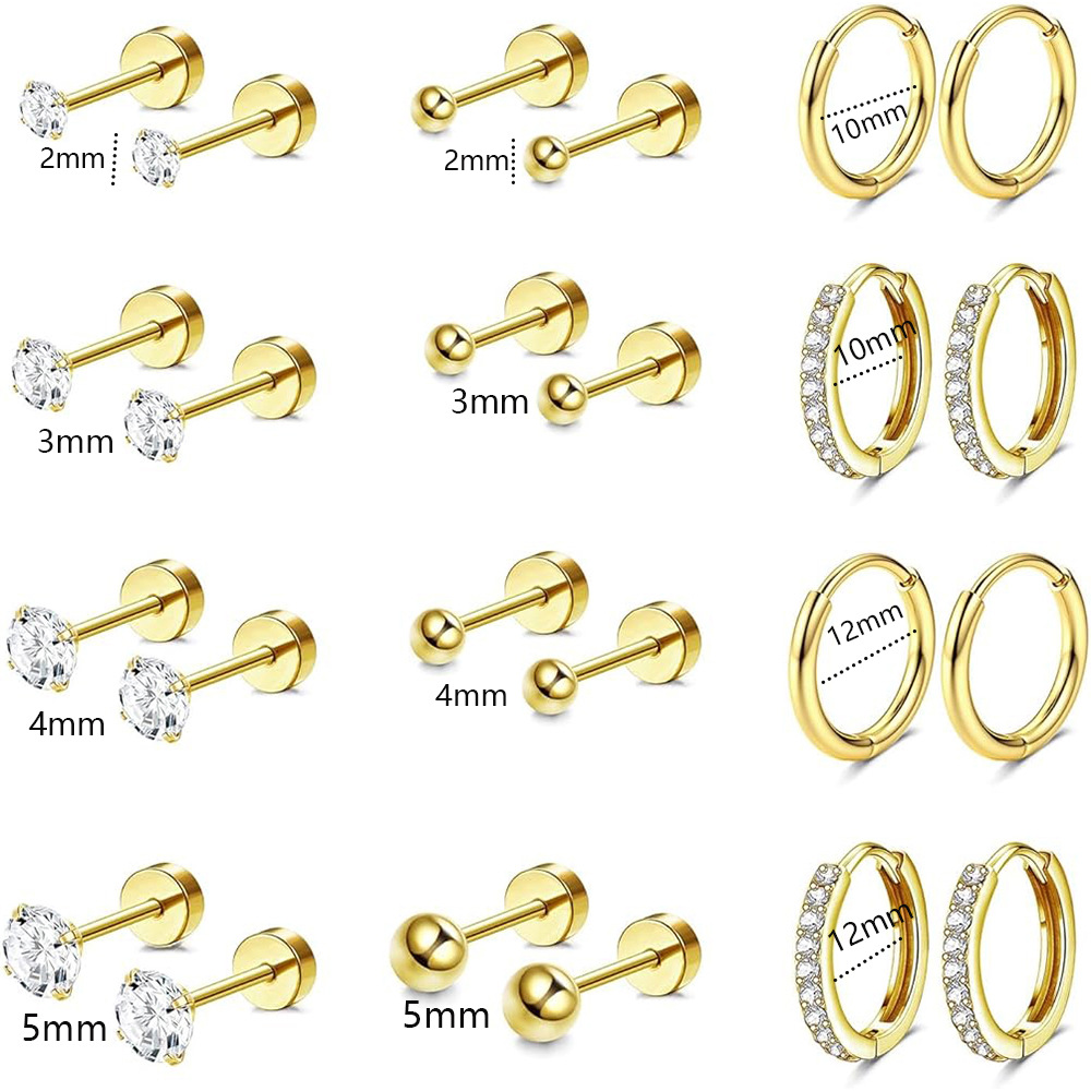 2-5mm Star Stud Earrings Set Stainless Steel Piercing Jewelry Gold Tone Cartilage Hoop for Women - Image 5