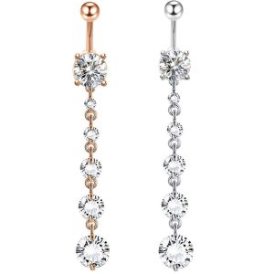 Simple Copper Zircon Belly Button Ring - Stainless Steel Dangle Navel Piercing Jewelry Rose Gold