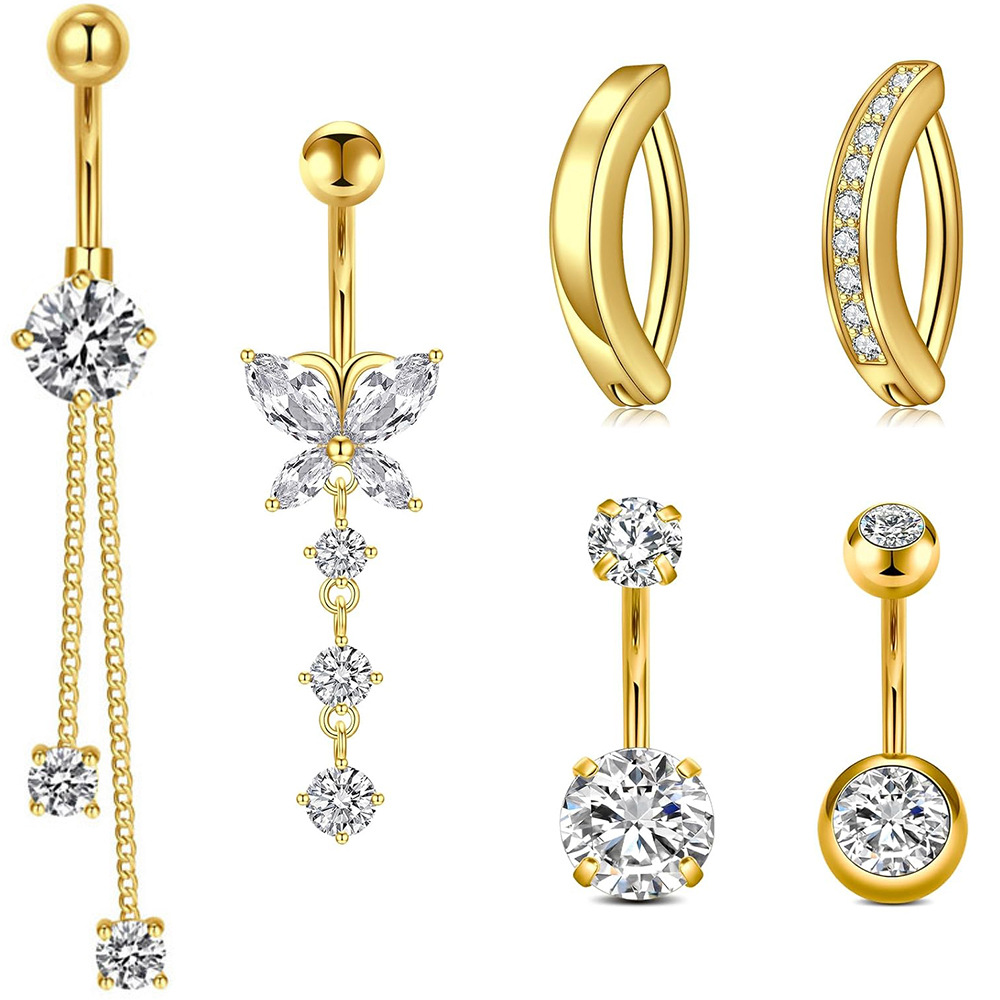 Gold Cubic Zirconia Navel Ring Stainless Steel Belly Button Piercing Jewelry Butterfly Combination - Image 2