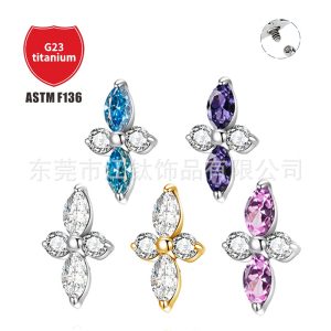 F136 Titanium Lip Labret Stud with Diamond CZ Four-Leaf Clover - G23 Titanium Body Piercing Jewelry