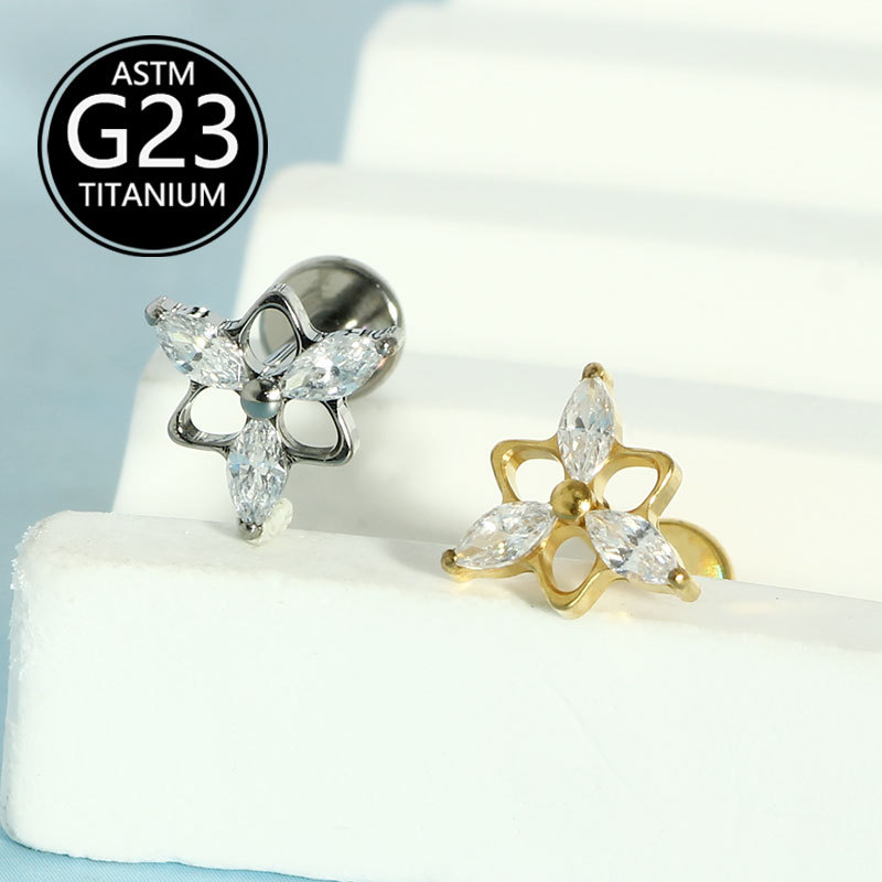 F136 Titanium Alloy Three-Horse Eye Zircon Earrings G23 Titanium Lip Nail 6-10mm Internal Thread Rod Piercing Jewelry - Image 3