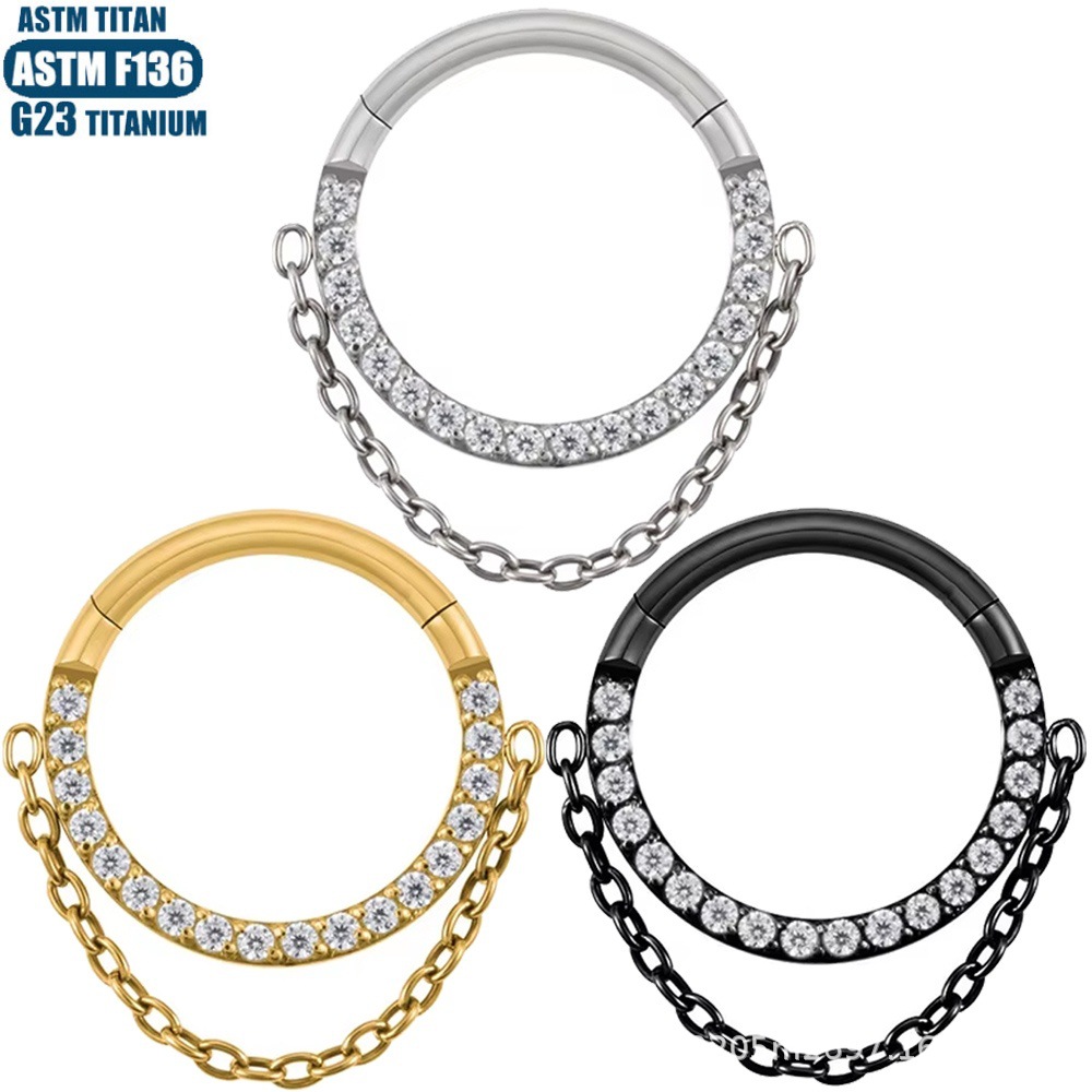 G23 Titanium Hinge Nose Ring with Zircon Chain Earrings - Seamless Open Ring Cartilage Septum Perforated Ear Ring Nose - Image 3
