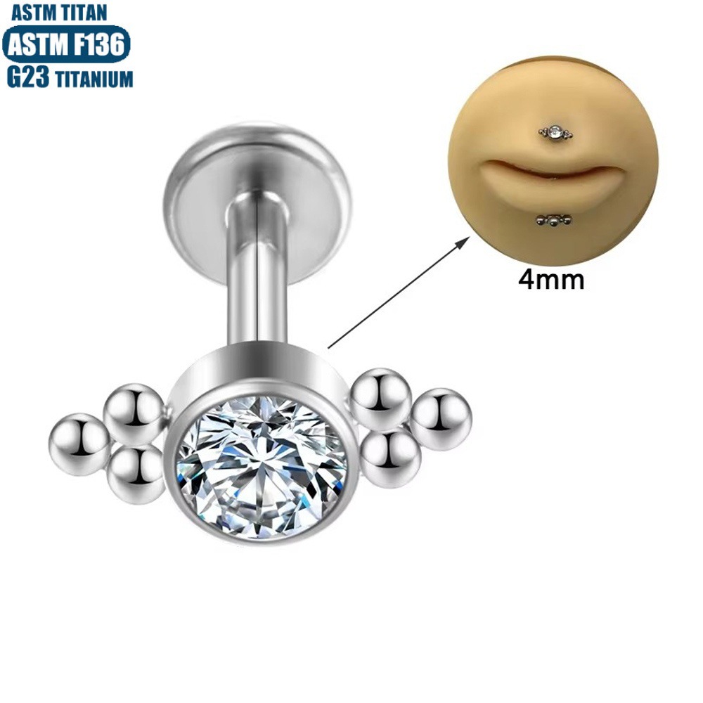 G23 Titanium Bead Cluster Zircon Lip Ring Thread Inner Teeth Lip Stud Perforated Small Ear Stud Body Piercing Jewelry Women's Earrings - Image 4