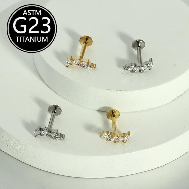 F136 Titanium Micro-Inlaid Zirconia Four-Prong Flat-Bottom Internally Threaded Lip Stud Cartilage Ear Bone Stud Lip Ring - Image 3