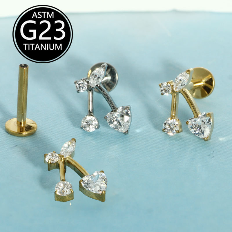 G23 Titanium Alloy Piercing Jewelry Cherry Zircon Pendant 1.2mm Internally Threaded Lip Labret Stud Earrings - Image 3