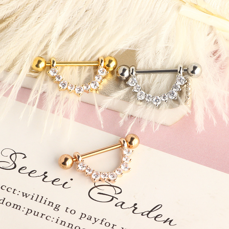 U-Shaped Nipple Ring with Crown Zircon - Rose Gold Stainless Steel Body Jewelry - Image 3