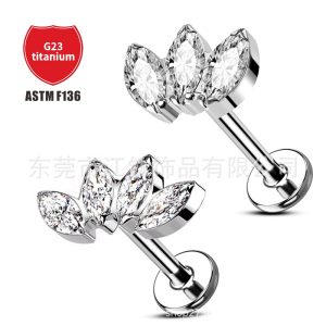 G23 Titanium Horse Eye Lip Nail Zircon Ear Bone Stud Crown Three Leaf Four Leaf Stone Earring Titanium Alloy Jewelry
