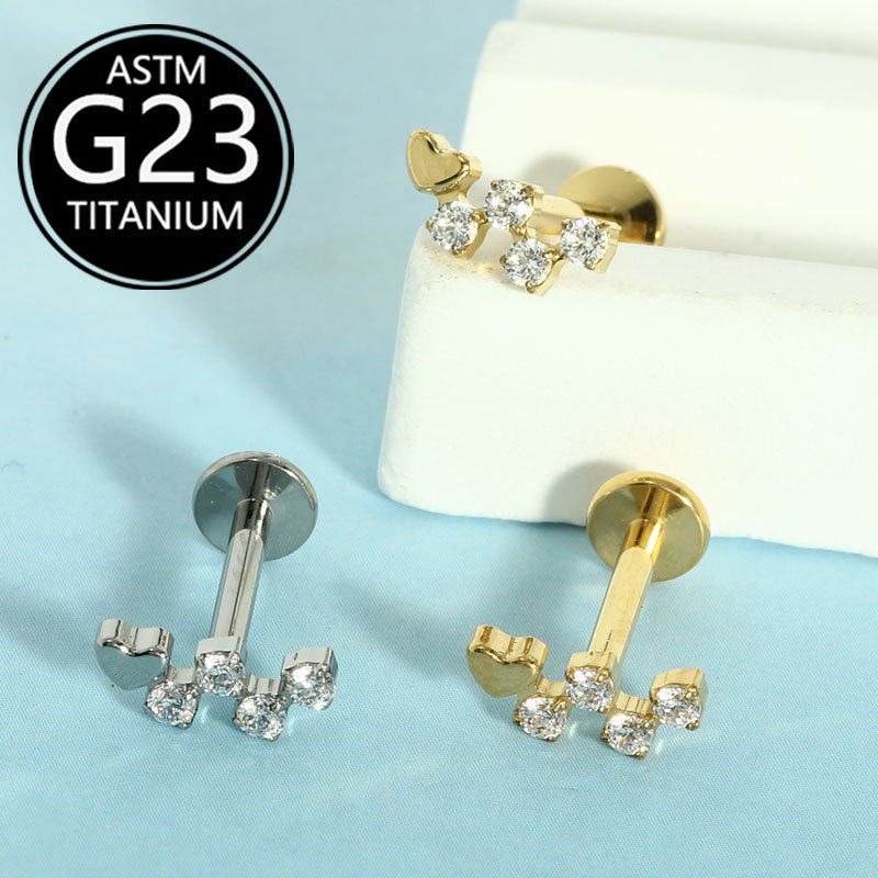 G23 Titanium Lip Nail Heart Diamond Ear Bone Nail Earrings 16g Labret Stud Body Piercing Jewelry Wholesale - Image 2