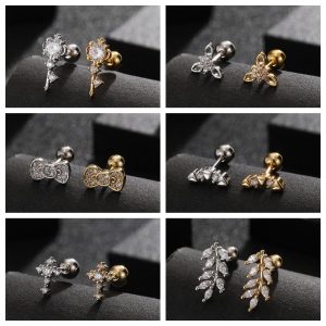 Elegant 18K Gold Plated Titanium Steel Screw Rod Ear Bone Nails Leaf Cross Cartilage Earrings High-End Niche Ear Jewelry