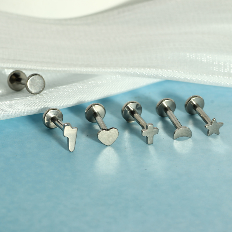 G23 Titanium Cross Heart Lightning Moon Star Inner Thread Lip Barbell/Ear Stud Piercing Jewelry - Image 4