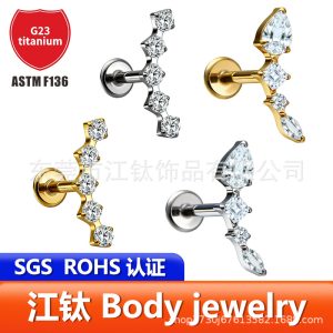 G23 Titanium Alloy Marquee CZ Ear Bone Stud - ASTM F136 Body Piercing Jewelry