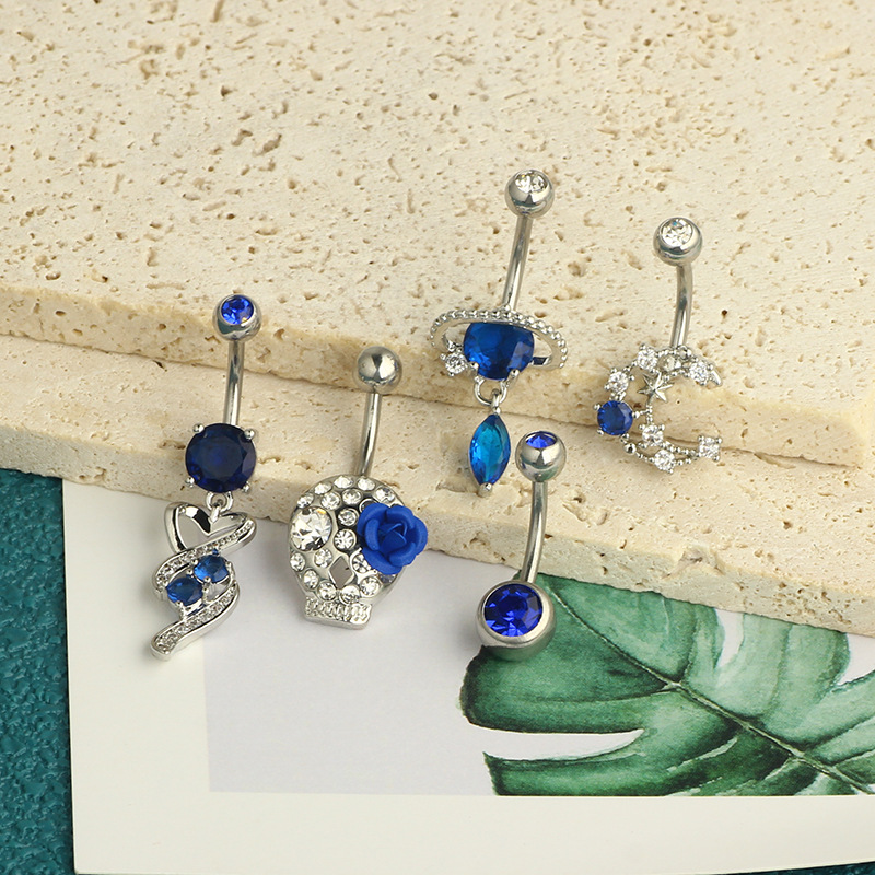 Blue Planet Zircon Water Drop Umbilical Ring Simple Moon Navel Buckle 5-Piece Body Piercing Set - Image 5