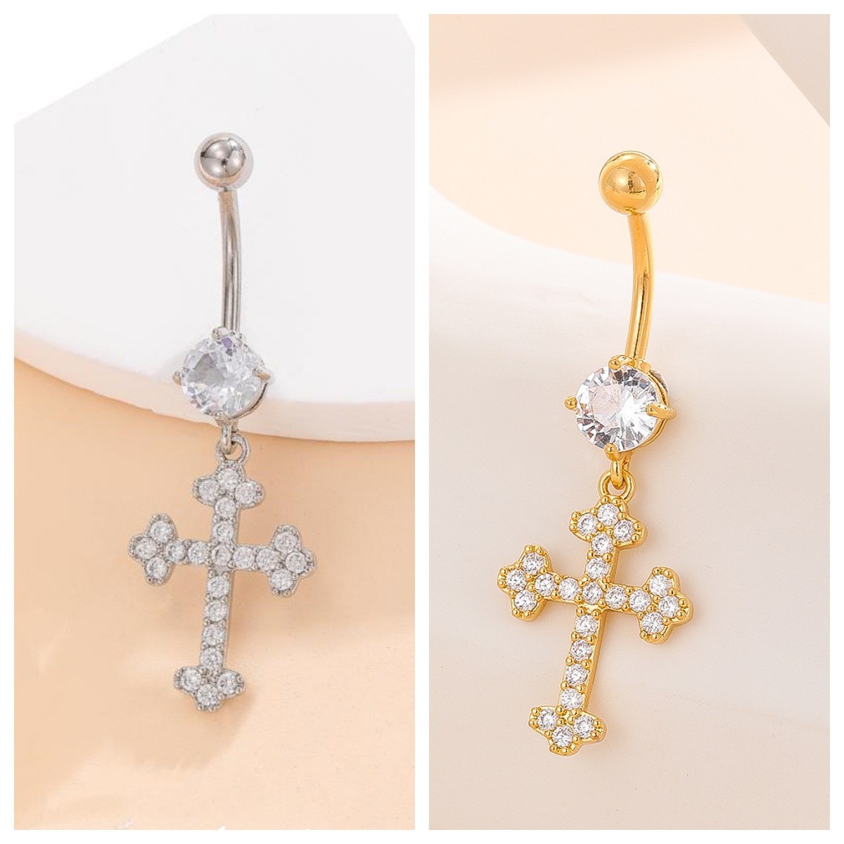 Gold Cross Pendant Navel Ring 16G Belly Button Piercing Jewelry Fashion Stone Inlaid - Image 3