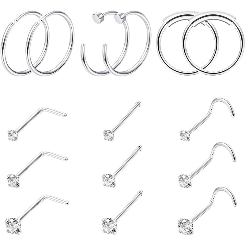 Stainless Steel Gem Diamond Nose Ring Stud Set - 15 Pieces Body Piercing Jewelry for Women Men - Image 2