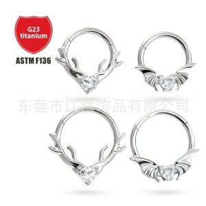 F136 Titanium Nose Ring Earrings Antlers Bat Heart Zircon Inlaid G23 Piercing Jewelry