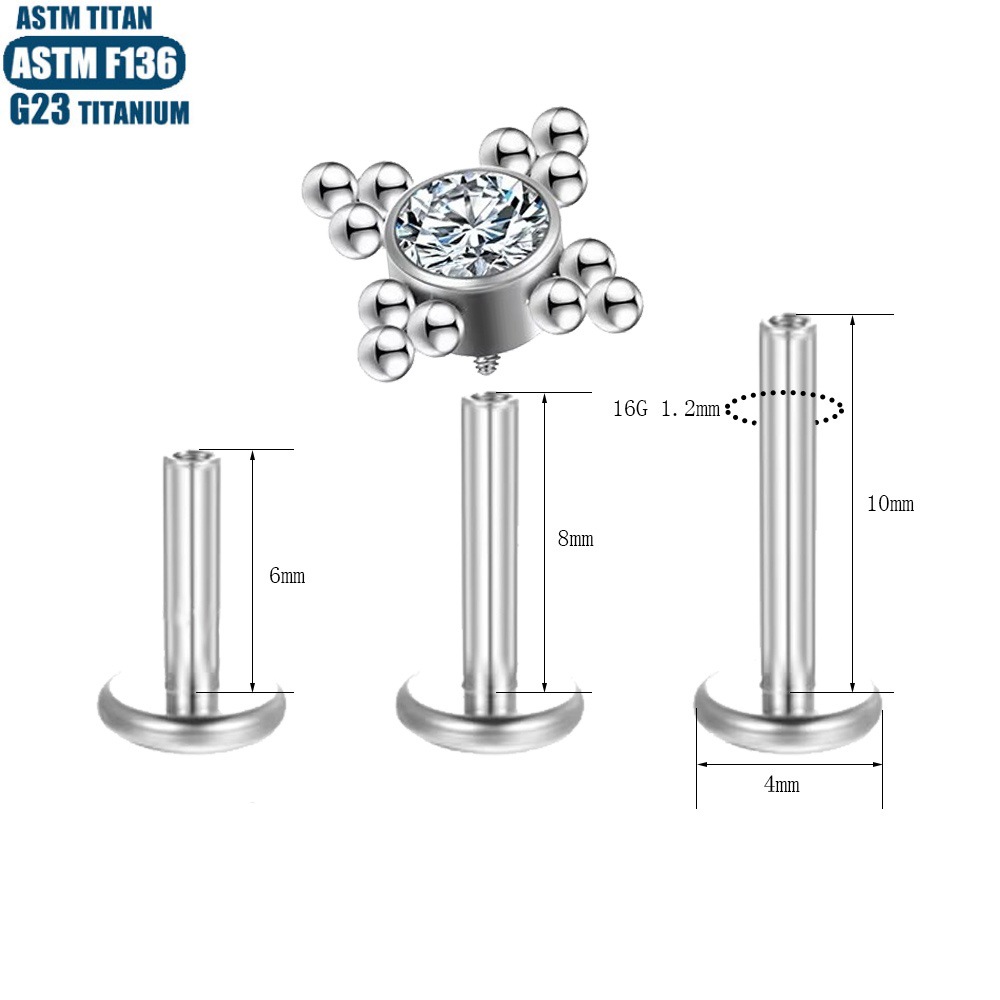 F136 Titanium Alloy Lip Ring Internally Threaded Zircon Bead Cluster Lip Stud Piercing Earrings - Image 2