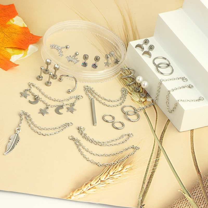 316L Surgical Steel Ear Chain Crown Ear Bone Nail Screw Twist Ball Fashion Earrings European American Piercing Jewelry Set - Image 5
